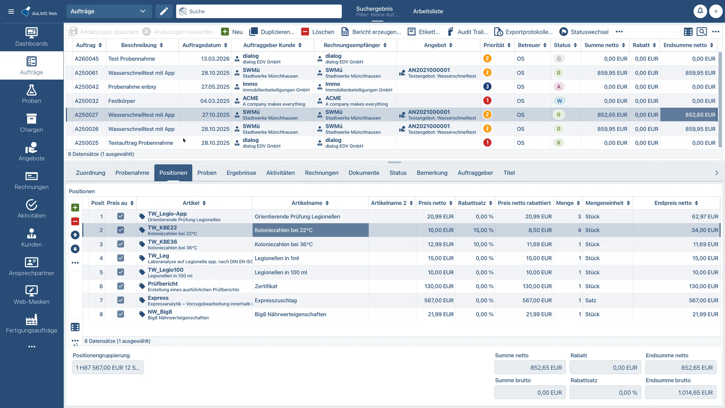 Auftrag mit Positionen, Preisen und Rabatten in der diaLIMS Web App