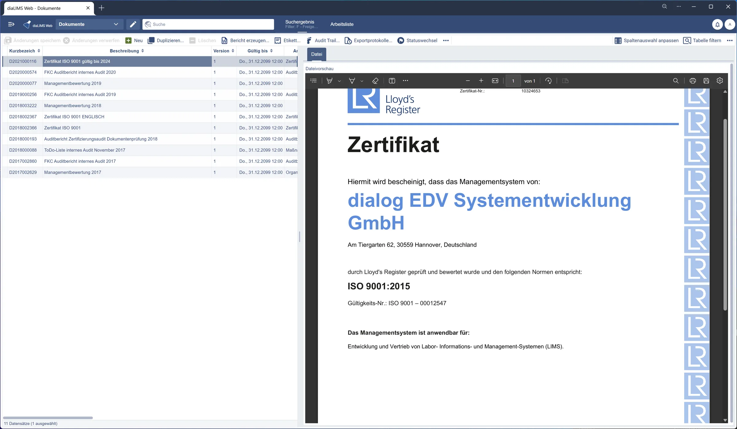 ISO-9001-Zertifikat von dialog EDV in der Dokumentenverwaltung von diaLIMS