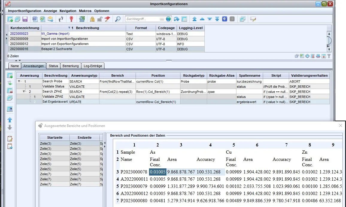 Screenshot des diaLIMS-Importmoduls mit Importanweisungen und Vorschau der ausgewerteten Bereiche einer Gerätedatei