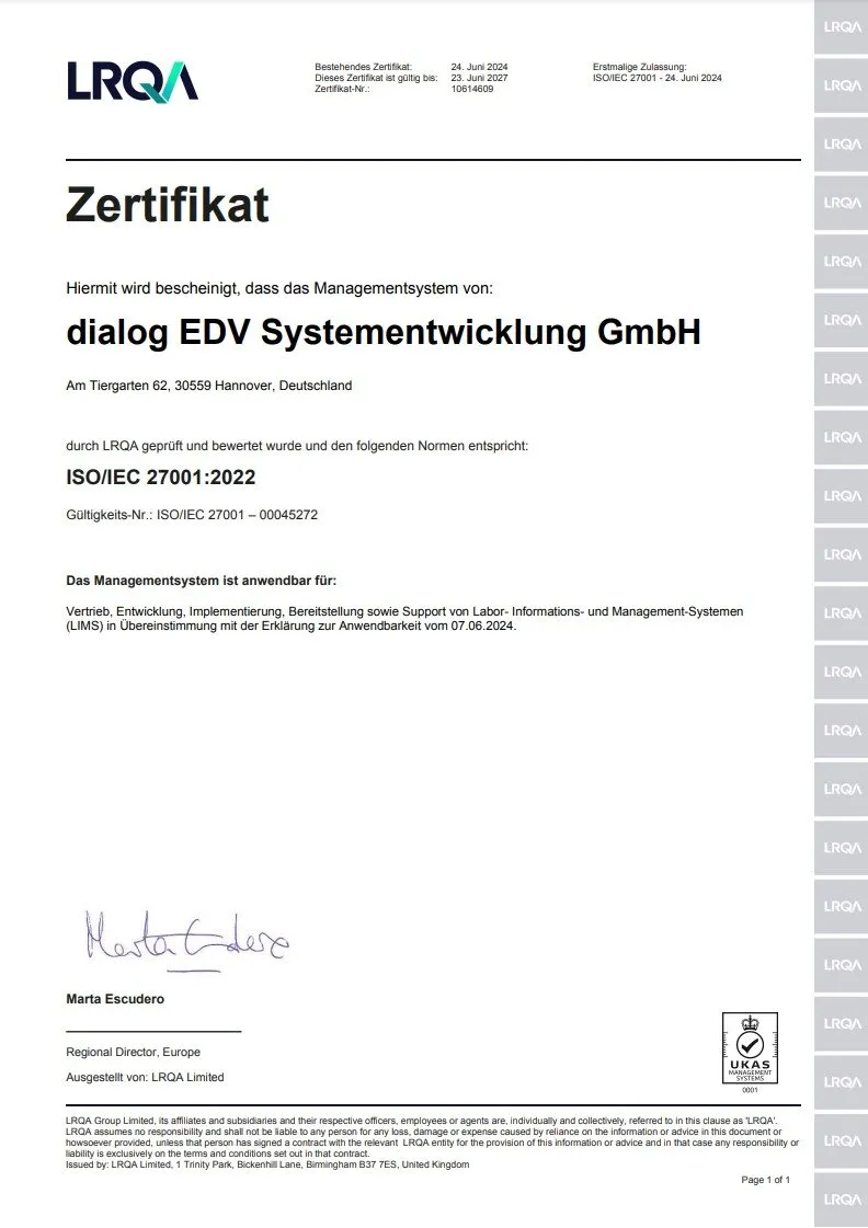 ISO-27001-Zertifikat der dialog EDV Systementwicklung GmbH