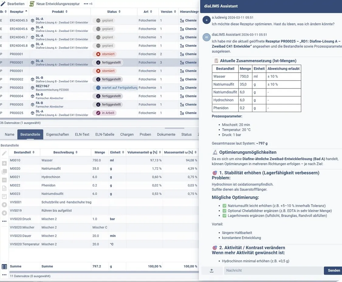 Screenshot des KI-Assistenten in diaLIMS