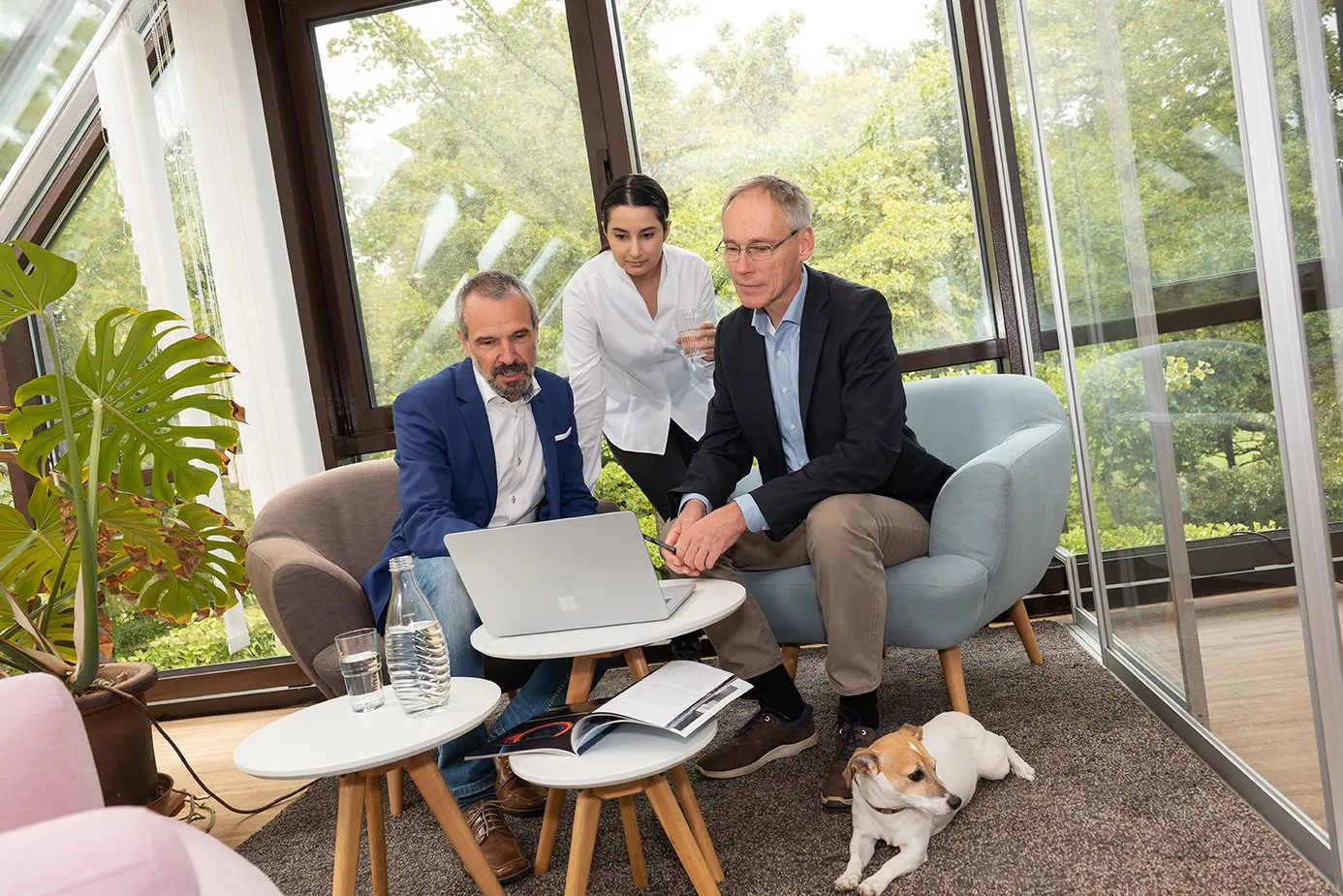 Kollegen im Gespräch am Laptop im Wintergarten, ein Hund liegt daneben