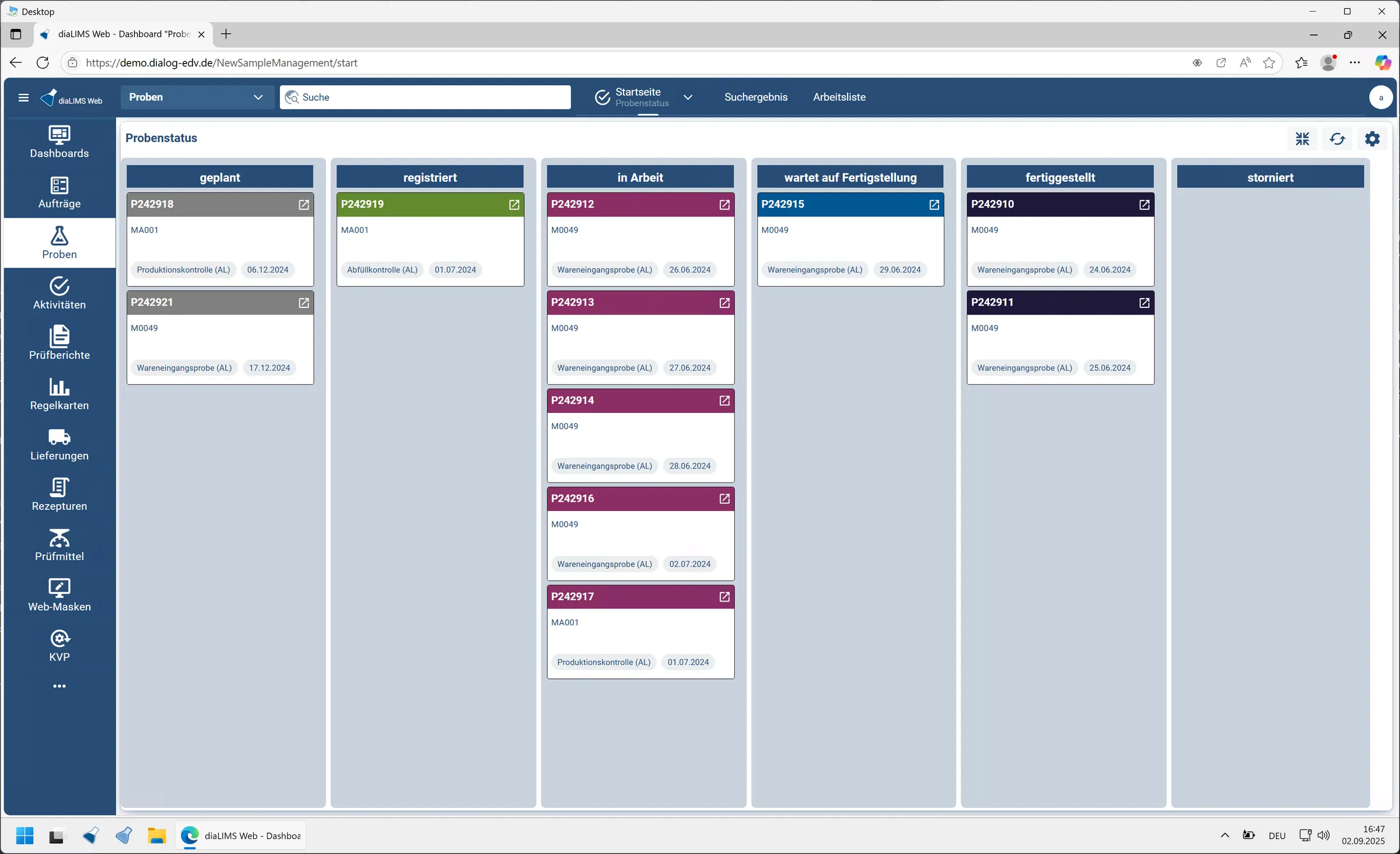 Kanban-Board in der diaLIMS Web App